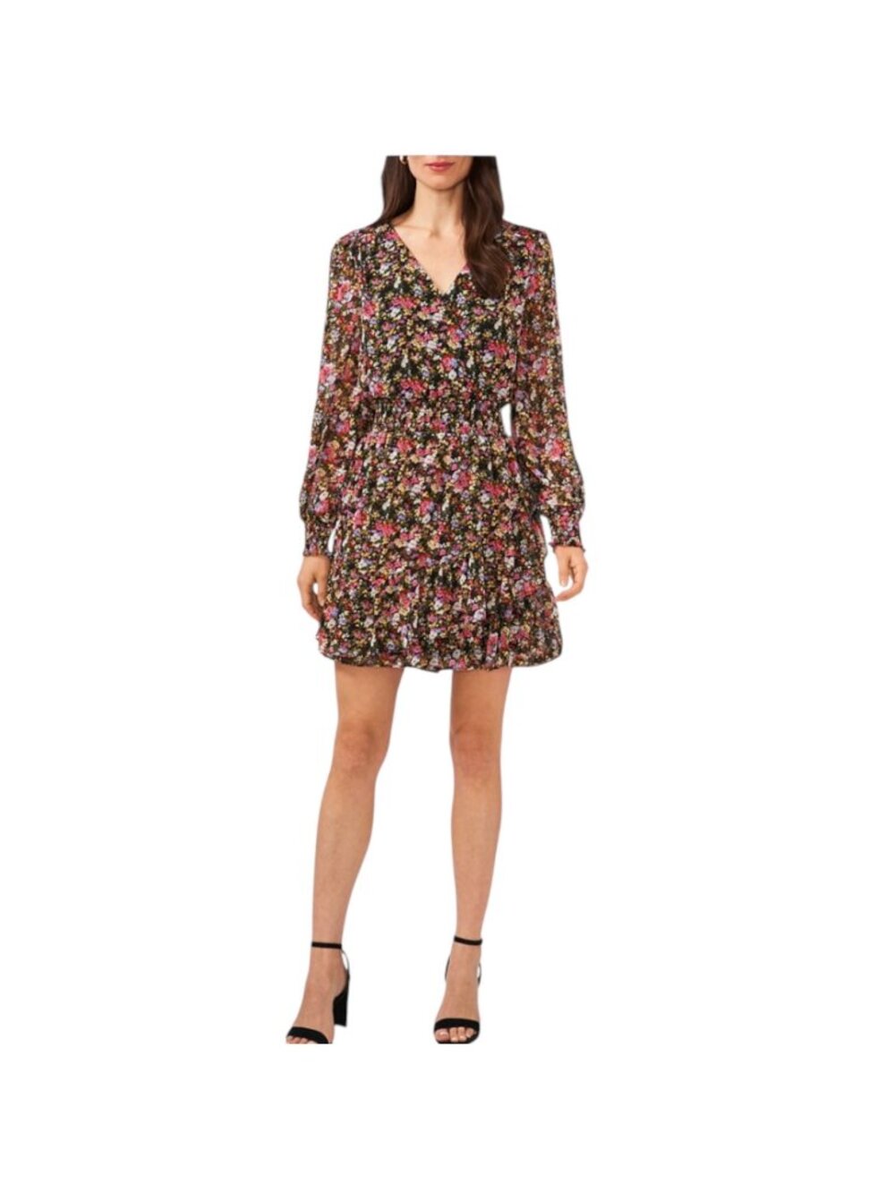 MSK Women's Multicolor Floral-Print Smocked Fit & Flare Dress, V-Neckline Size L